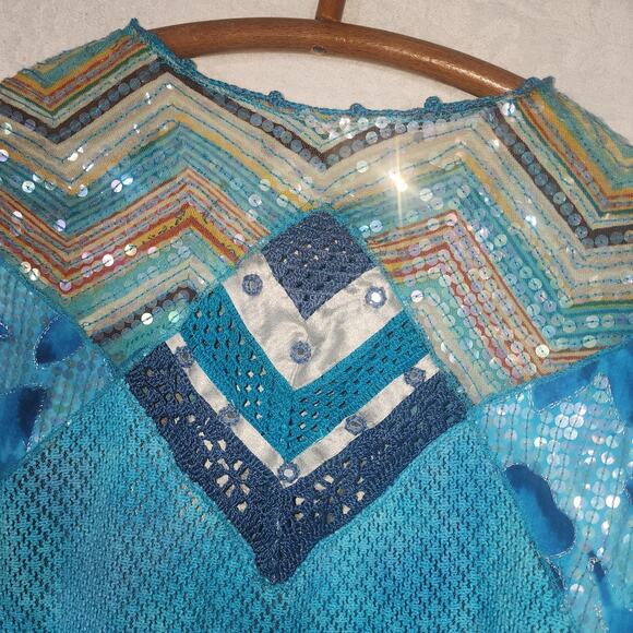 SANDY SYARKMAN 1X Blue Mermaid Sequin Crochet Sweater - Picture 6 of 6